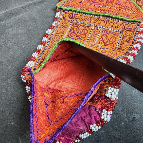 Kuchi Embroidered Pouch Wallet Central Asian Handmade Beaded Orange Magenta - Picture 4 of 9
